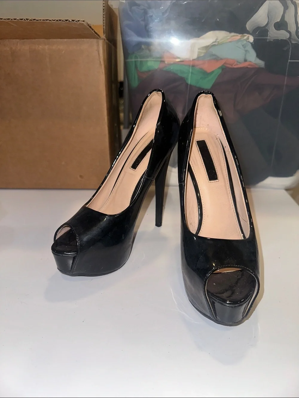 Women’s Black Patent Peep-Toe Platform Heels